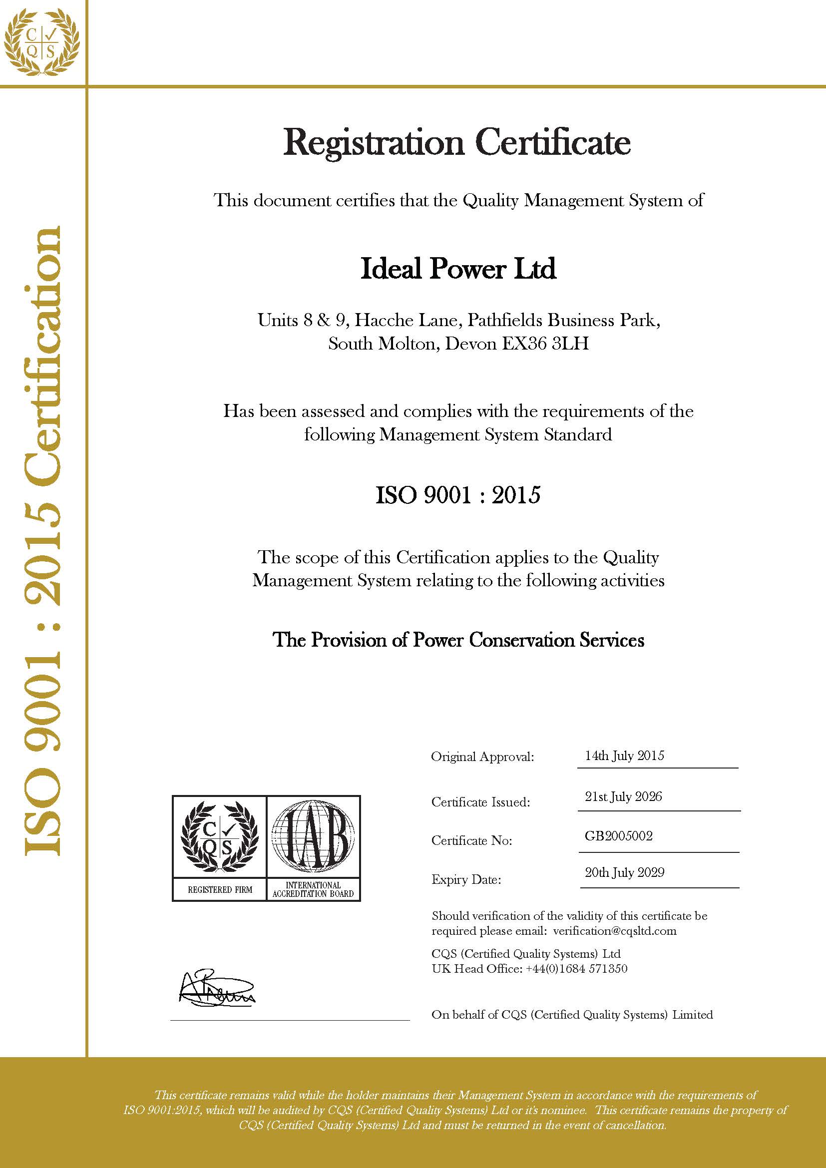 Ideal Power Ltd ISO 9001-2015 Certificate 2026