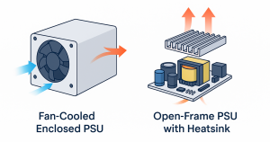 Technical illustration comparing cooling in internal PSUs: fan-cooled enclosed PSU with blue intake and red exhaust airflow arrows, and open-frame PSU with realistic heatsink and orange arrows showing passive heat dissipation.