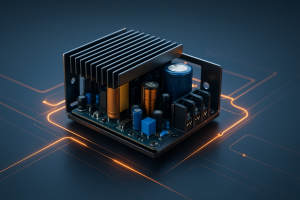 3D render of a compact open-frame internal PSU with heatsink, capacitors, and copper inductor, highlighted by glowing orange traces on a dark blue surface.