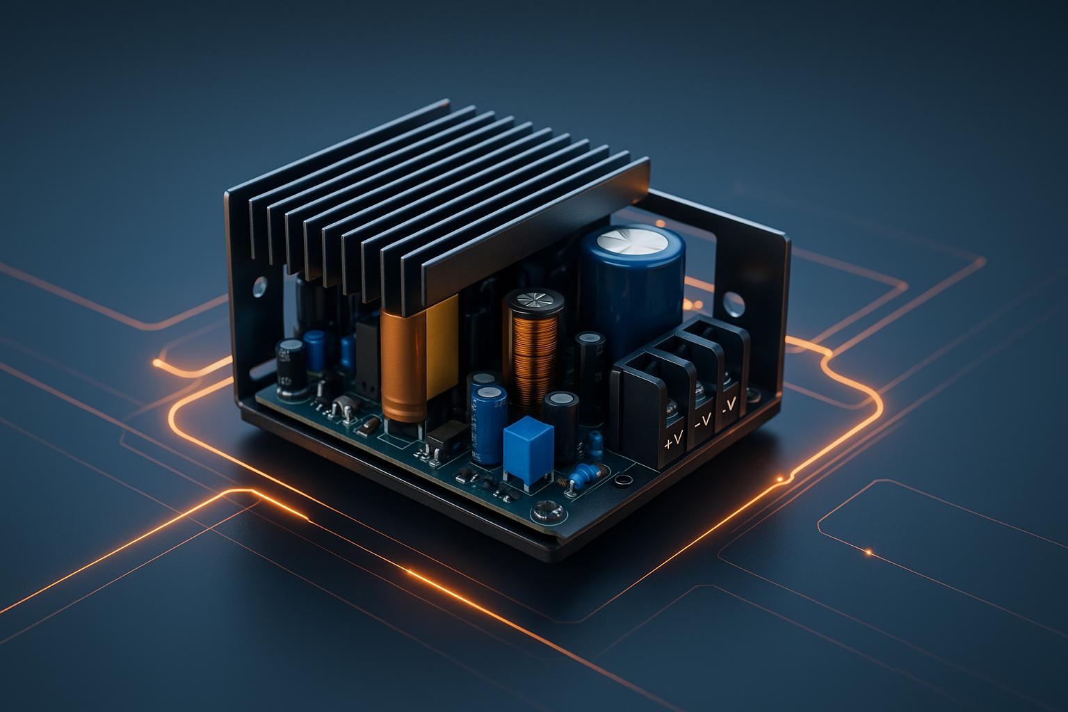 3D render of a compact open-frame internal PSU with heatsink, capacitors, and copper inductor, highlighted by glowing orange traces on a dark blue surface.