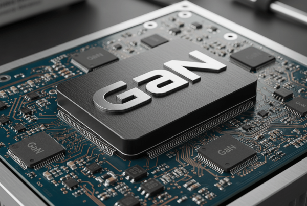 GaN semiconductor chip mounted on a printed circuit board, representing GaN power supplies used in modern high-efficiency power design by Ideal Power.