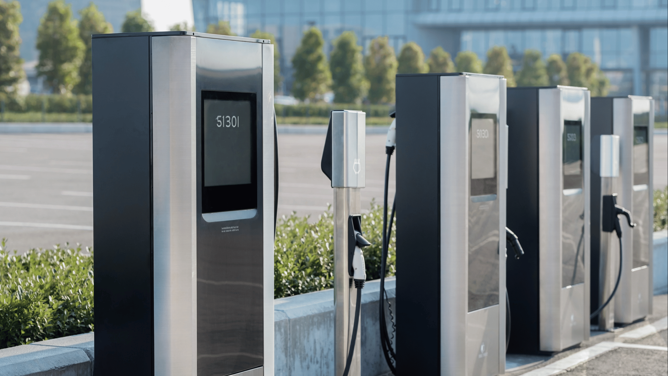 EV rapid charging stations installed in a commercial car park, illustrating how GaN power supplies support high-efficiency, high-density power conversion in modern electric vehicle chargers.