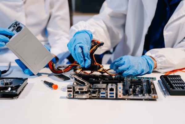 Two engineers testing power supply units | Blog Regulated vs Unregulated Power Supplies